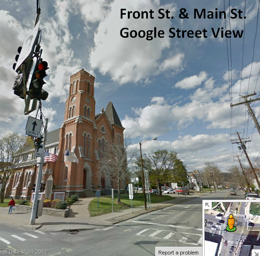 Front Street and Mian Street in Binghamton, location of the First Congregational Church in Binghamton,NY